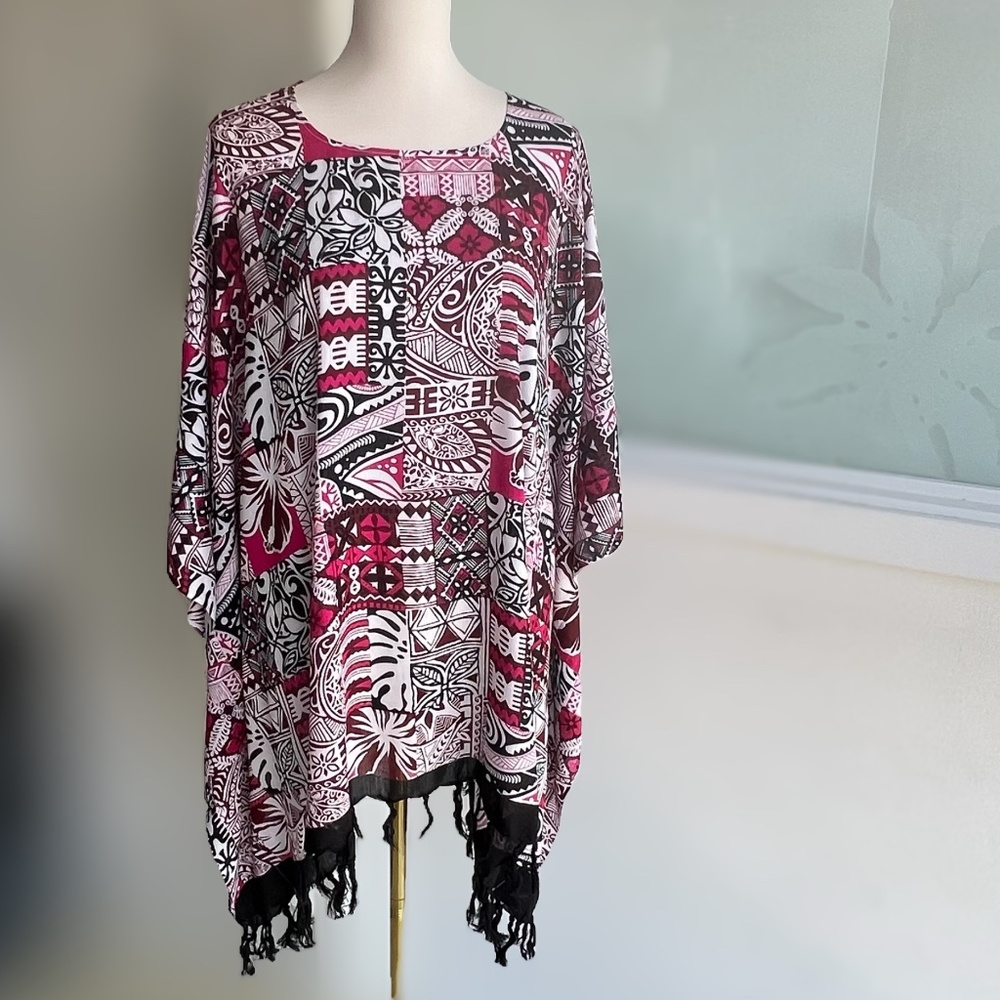 0070/ Red Black Colorful Poncho With Fringe , Loose Top - Picture 11 of 11